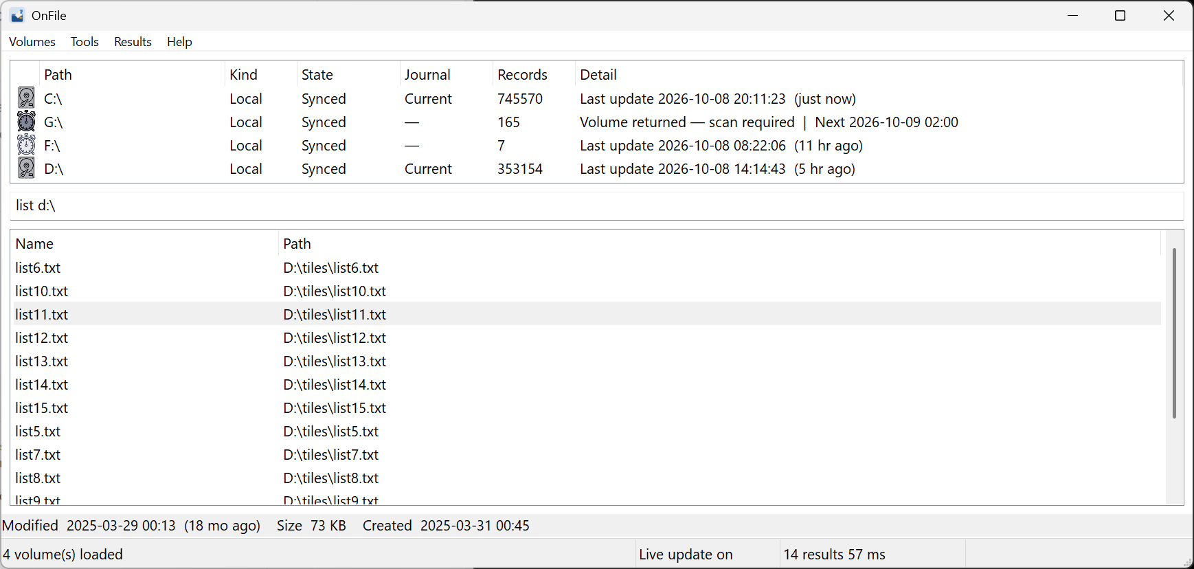 Onfile showing filename search results across local drives and a network share